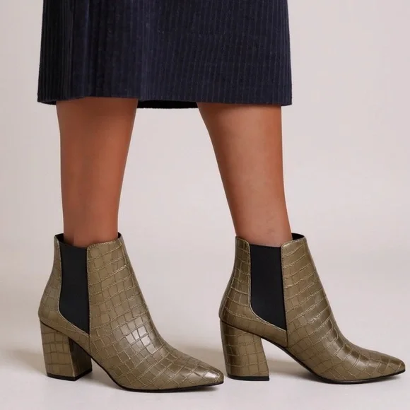 The Valentina Croc Embossed Block Heel Ankle Boots - Picture 5 of 14